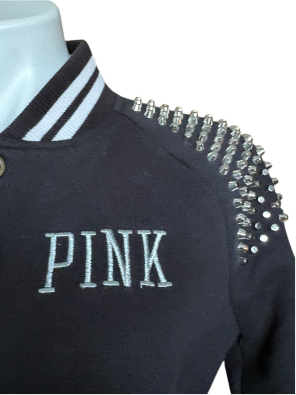 PINK Victoria Secret Black Studded Varsity Bomber Jacket Small Coat - Picture 6 of 11